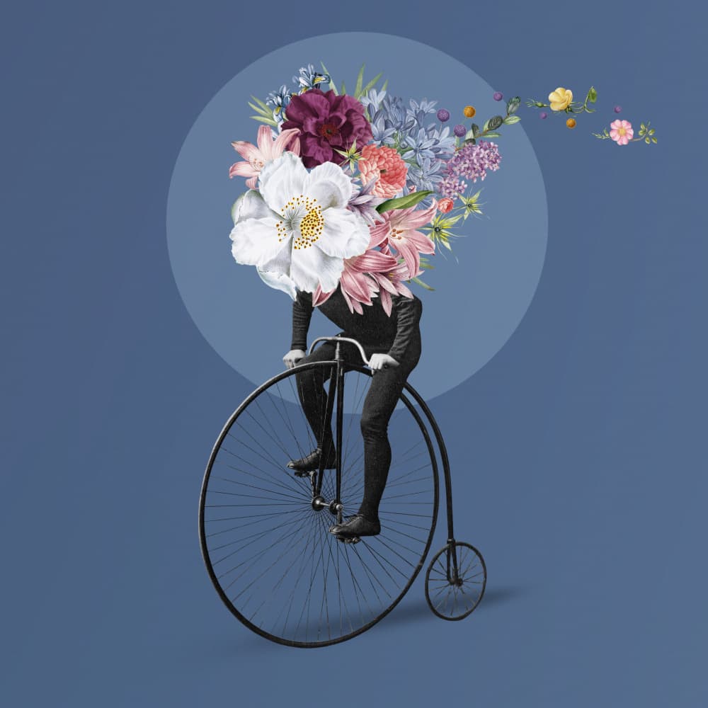 Whimsical Floral Cyclist by Marja van den Hurk — canvas wall art