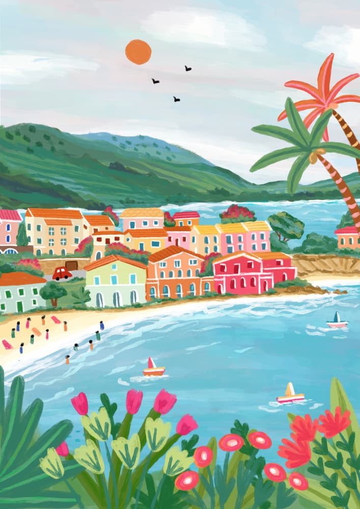 Colorful Coastal Village by Nidhi Kachhadiya — canvas wall art