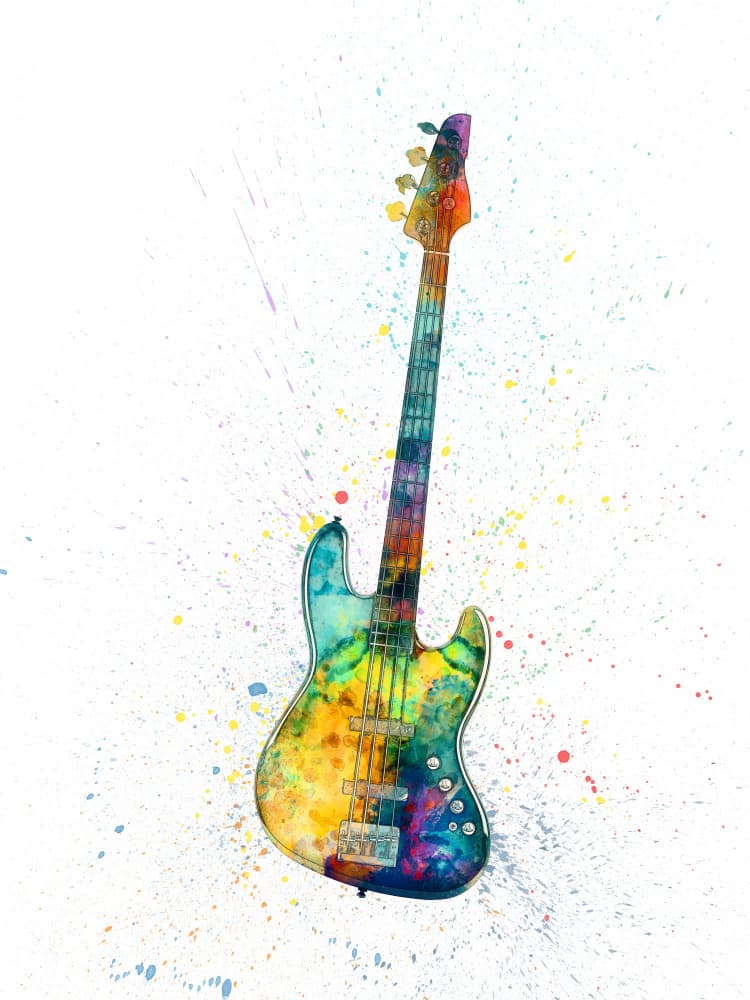 Vibrant Watercolor Bass Guitar by Michael Tompsett — canvas wall art