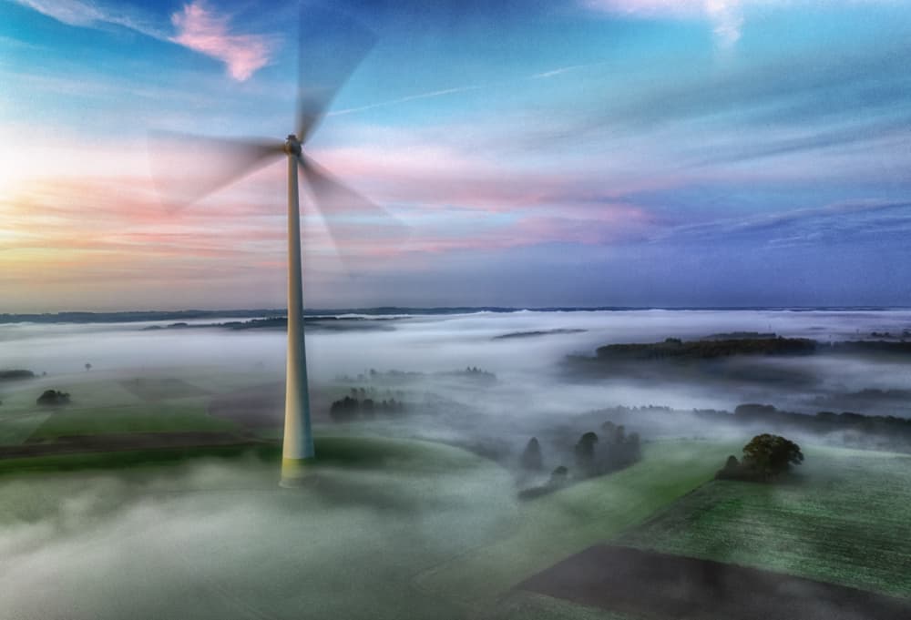 Misty Wind Turbine Dawn by Guy Krier — canvas wall art