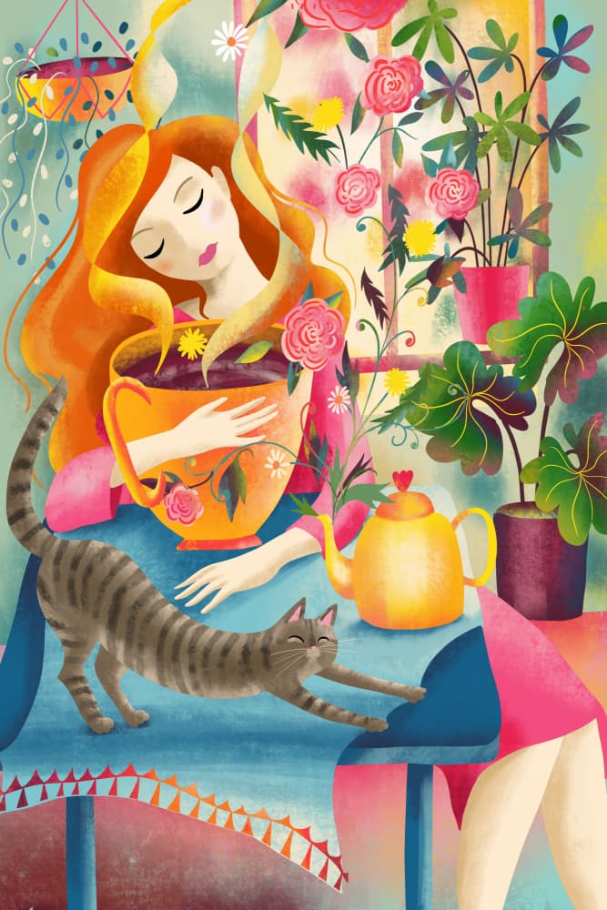 Cozy Tea and Cat Morning by uta krogmann — canvas wall art