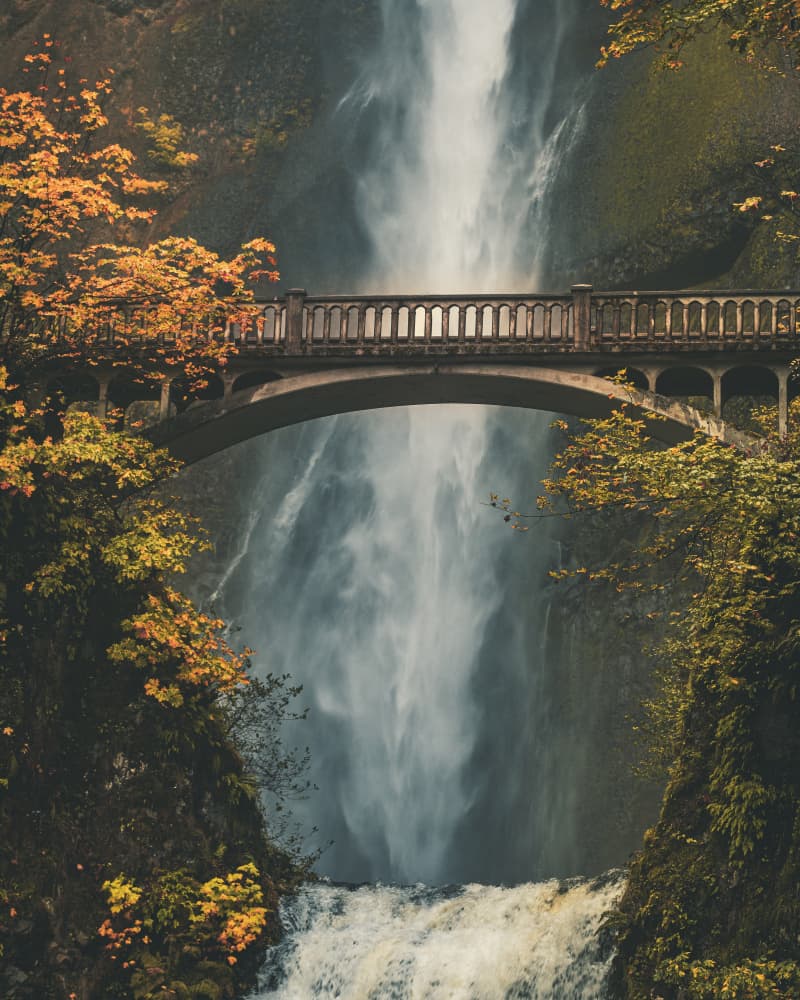 Autumn Waterfall Bridge by Behdad Pournader — canvas wall art