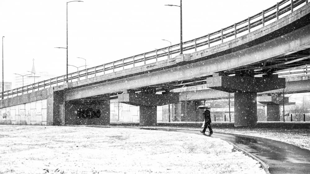 Snowy Walk Under Bridge by Julien Oncete — canvas wall art