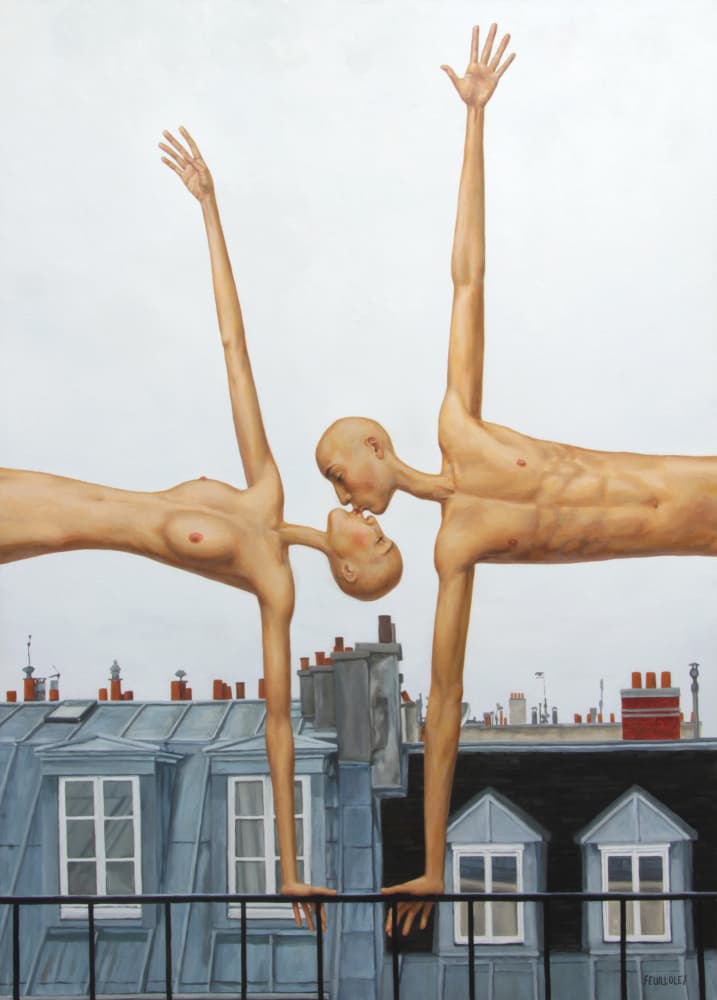 Parisian Rooftop Kiss by Myriam Feuilloley — canvas wall art