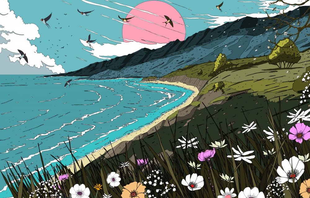 Coastal Bloom with Birds by Nicholas — canvas wall art