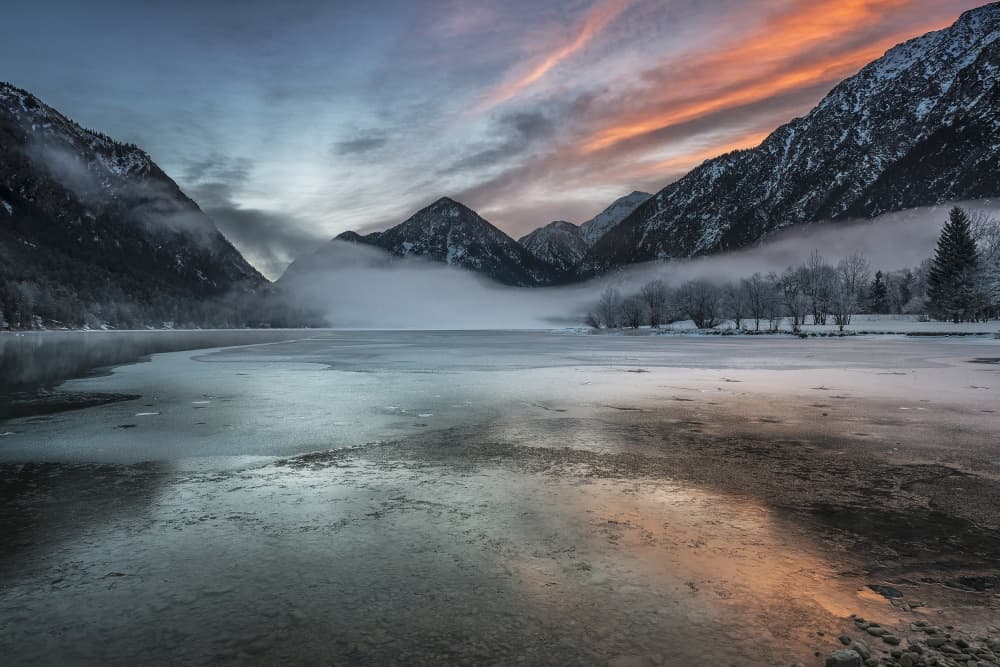 Misty Mountain Lake Sunset by Nina Pauli — canvas wall art