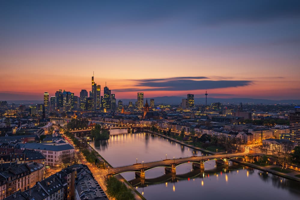 Frankfurt Sunset Skyline by Robin Oelschlegel — canvas wall art