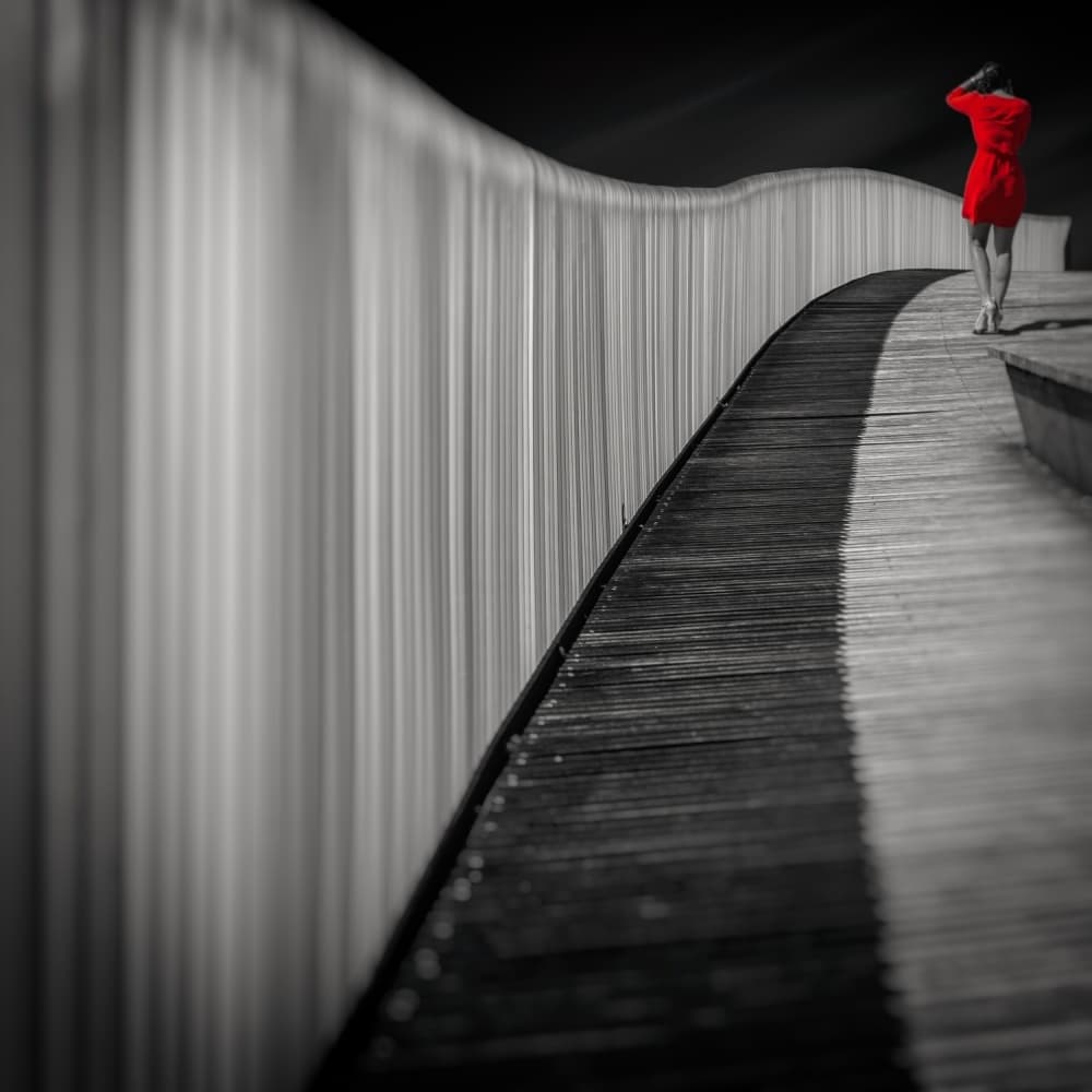 Red Dress Curved Path by Marco Antonio Cobo — canvas wall art
