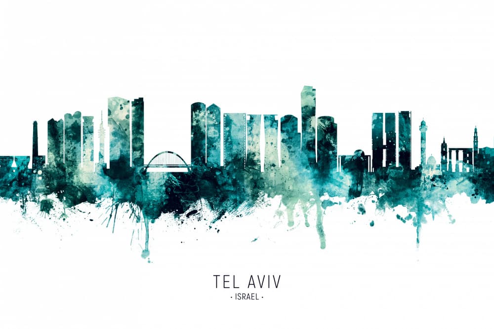 Teal Tel Aviv Skyline by Michael Tompsett — canvas wall art
