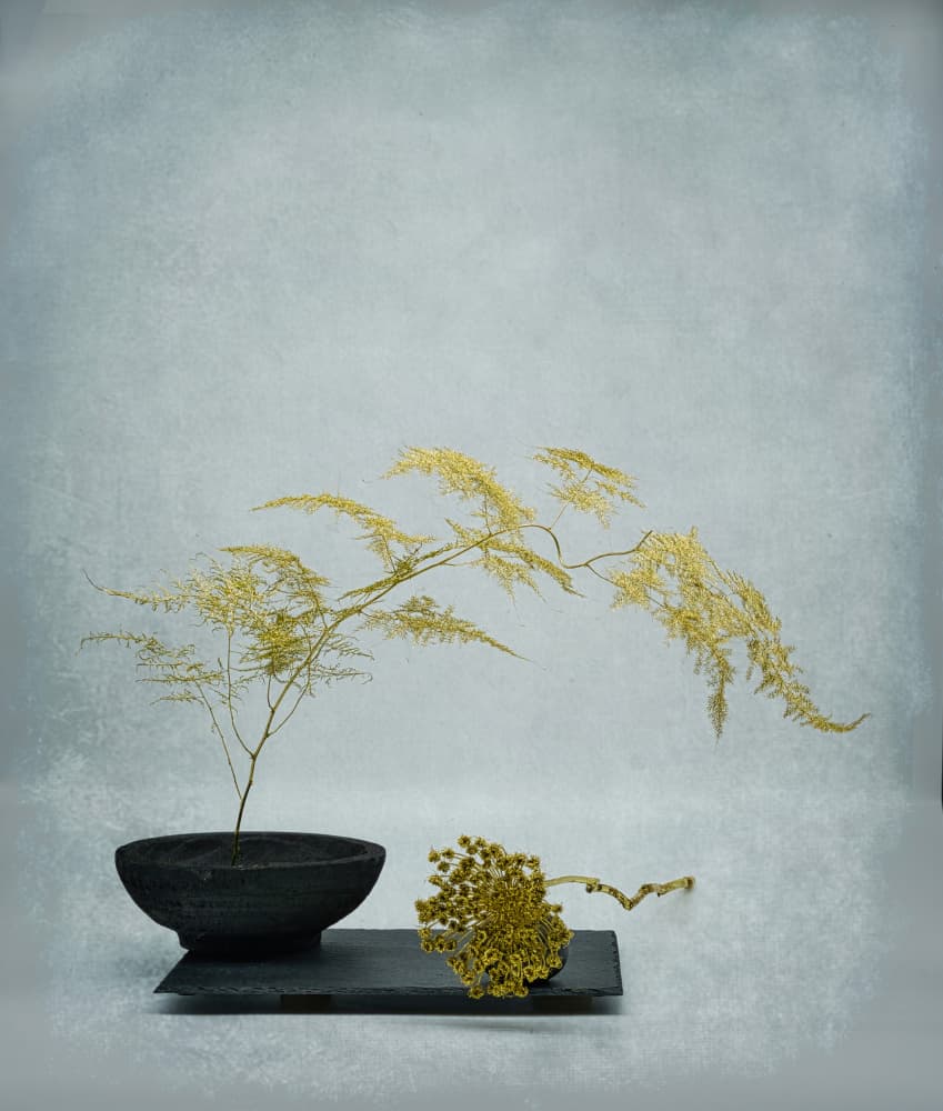 Golden Ikebana Still Life by Saskia Dingemans — canvas wall art
