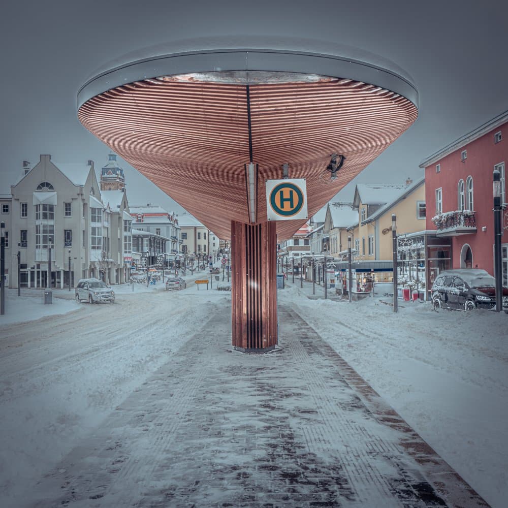 Quaint Winter Bus Stop by Kilian CabGuy — canvas wall art