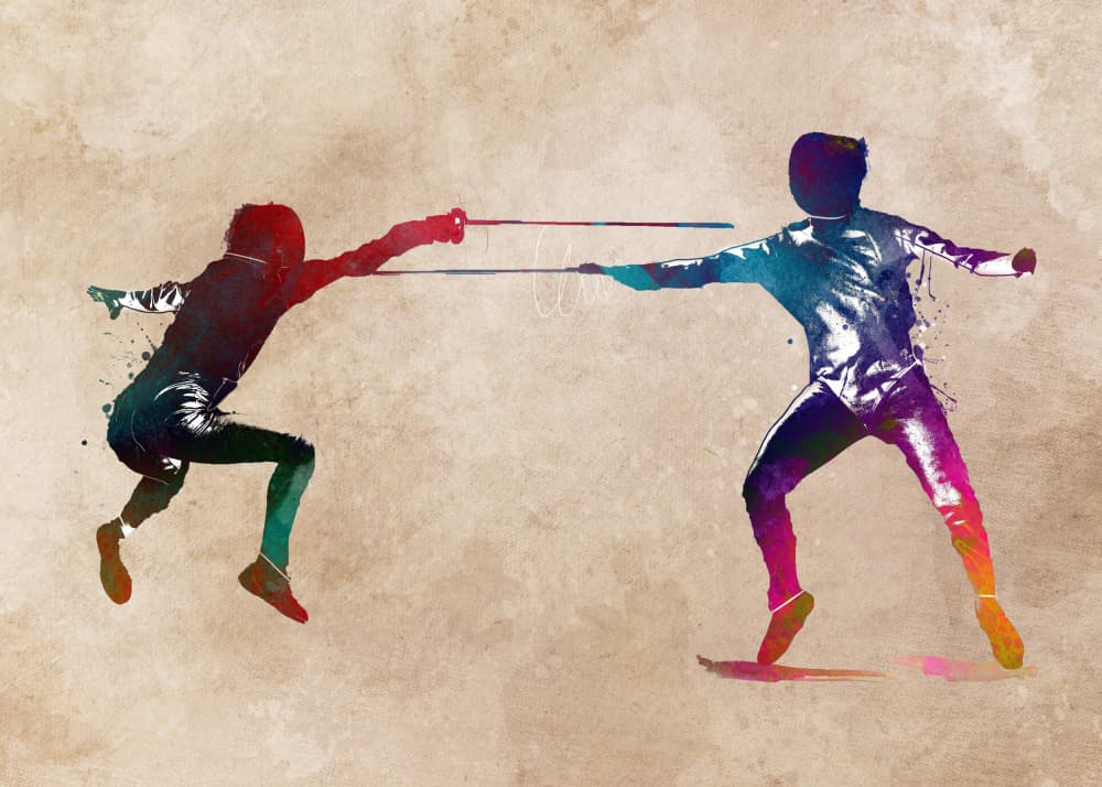 Vibrant Fencing Action by Justyna Jaszke — canvas wall art
