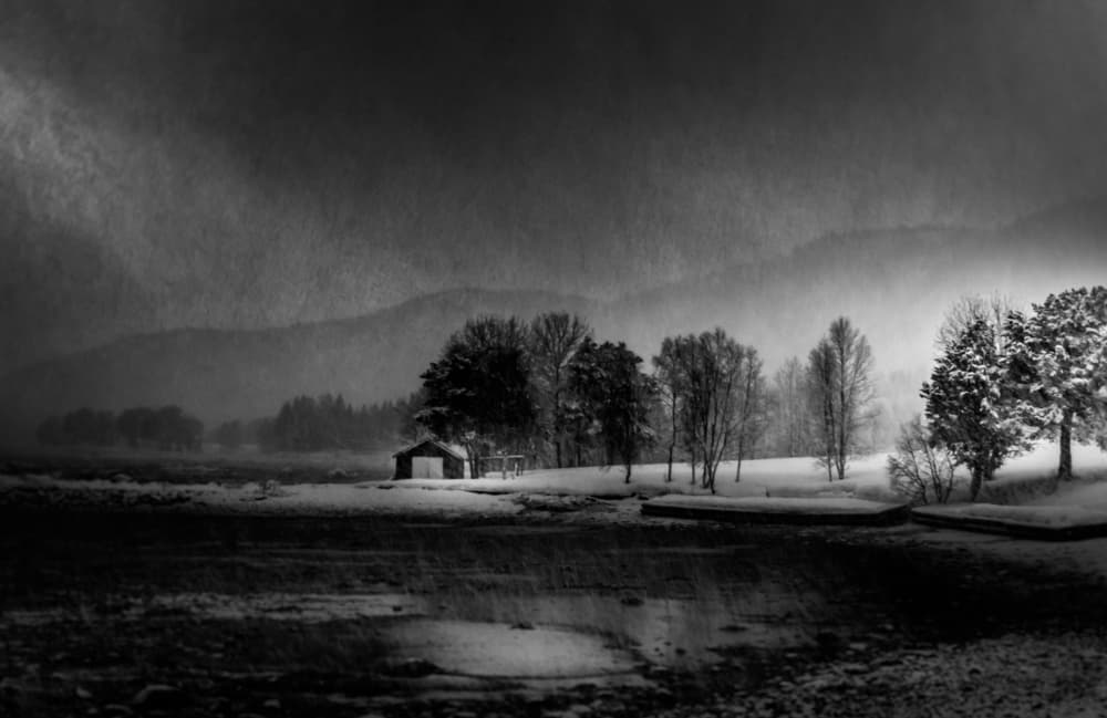 Winter Cabin Snowfall by Stephanie Kleimann — canvas wall art