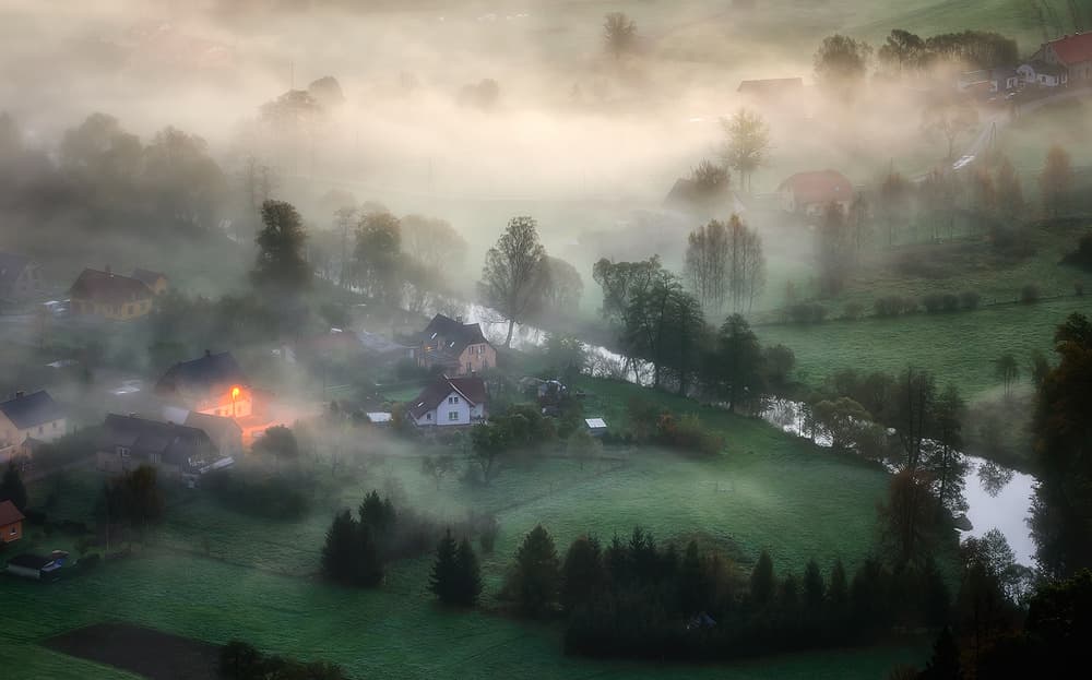 Sunrise Over Misty Village by Piotr Krol (Bax) — canvas wall art