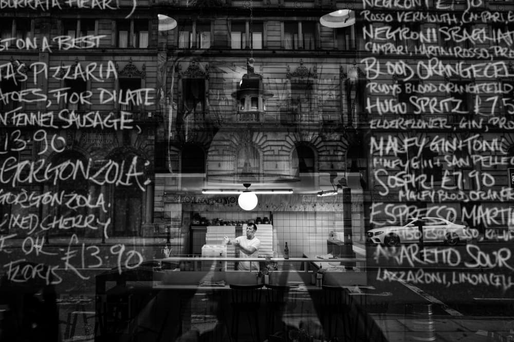 Urban Pizzeria Reflection by Selaru Ovidiu — canvas wall art