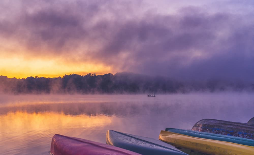 Misty Morning Canoes by Rae Zhang — canvas wall art