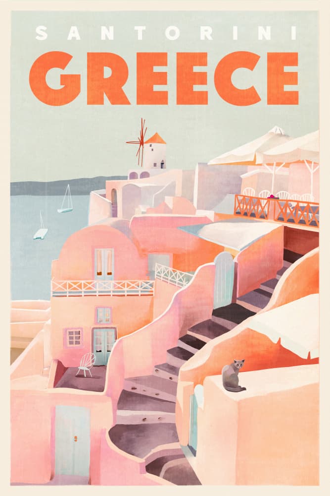 Santorini Greece Vintage Travel Poster by The Whiskey Ginger — canvas wall art