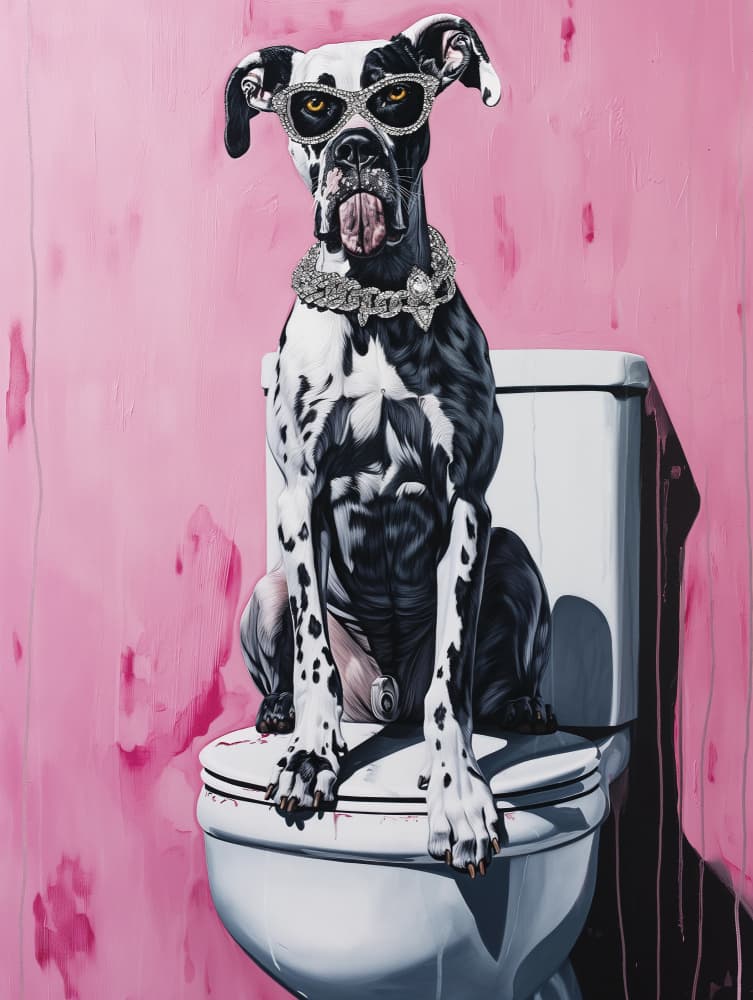 Glamorous Dog on Toilet by SHANDU — canvas wall art