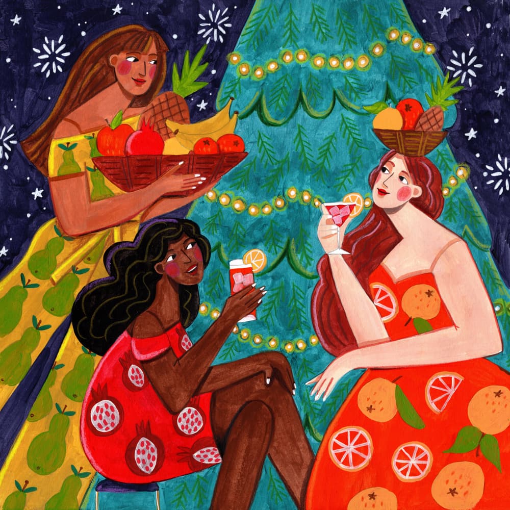 Festive Christmas fruit women by Caroline Bonne Müller — canvas wall art