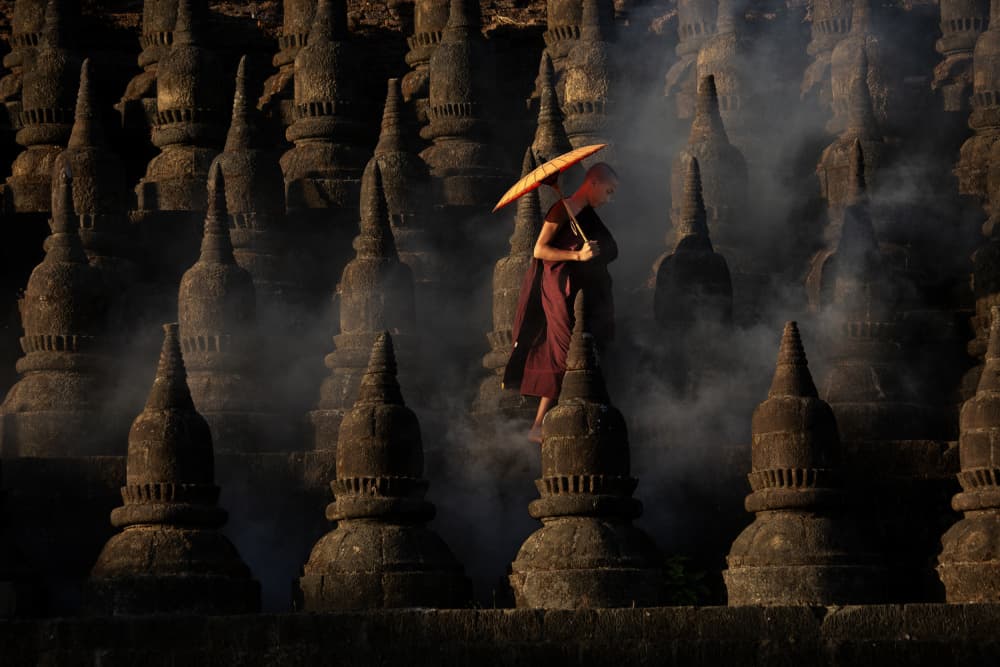 Monk Among Ancient Stupas by Clas Gustafson PRO — canvas wall art