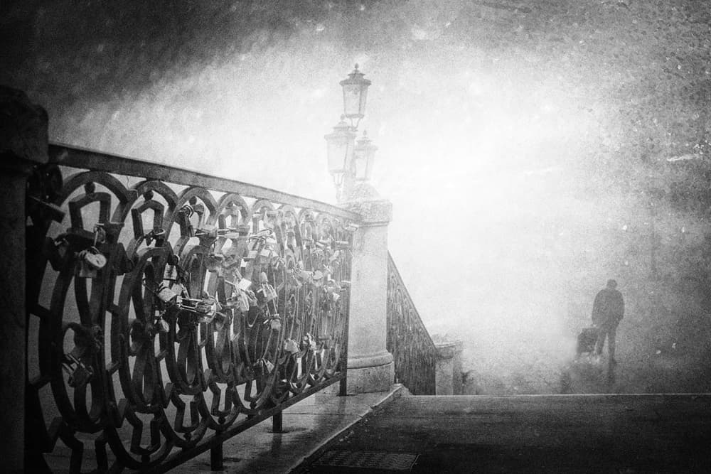 Love Locks Misty Bridge by Enrico Facchetti — canvas wall art
