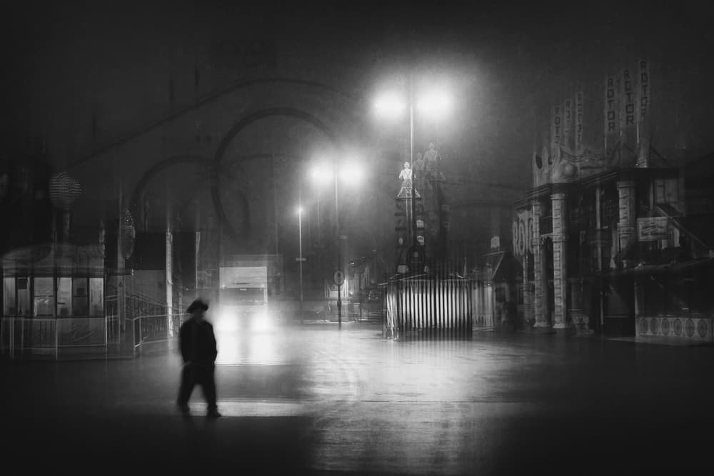 Lone Figure Urban Night by Roswitha Schleicher-Schwarz — canvas wall art