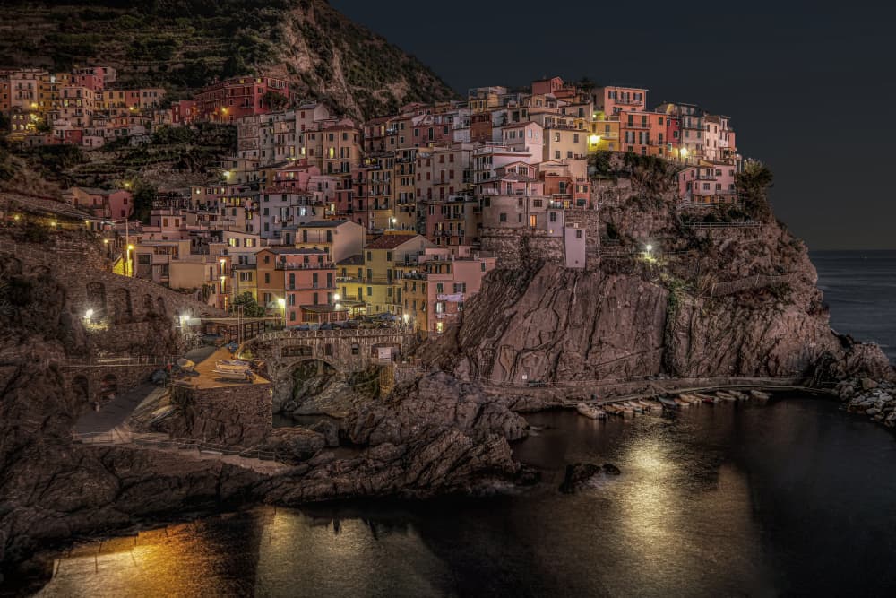 Italian Coastal Village Night by Michael Eßig — canvas wall art