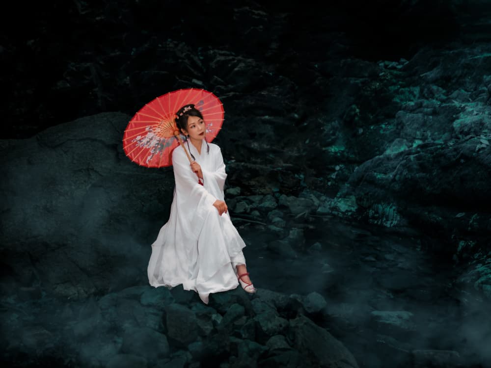 Fantasy Woman Red Umbrella by Jeff Wang — canvas wall art