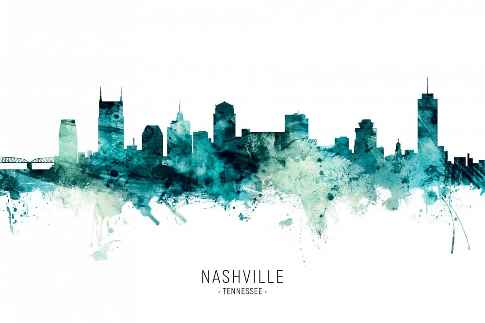 Teal Nashville Cityscape by Michael Tompsett — canvas wall art