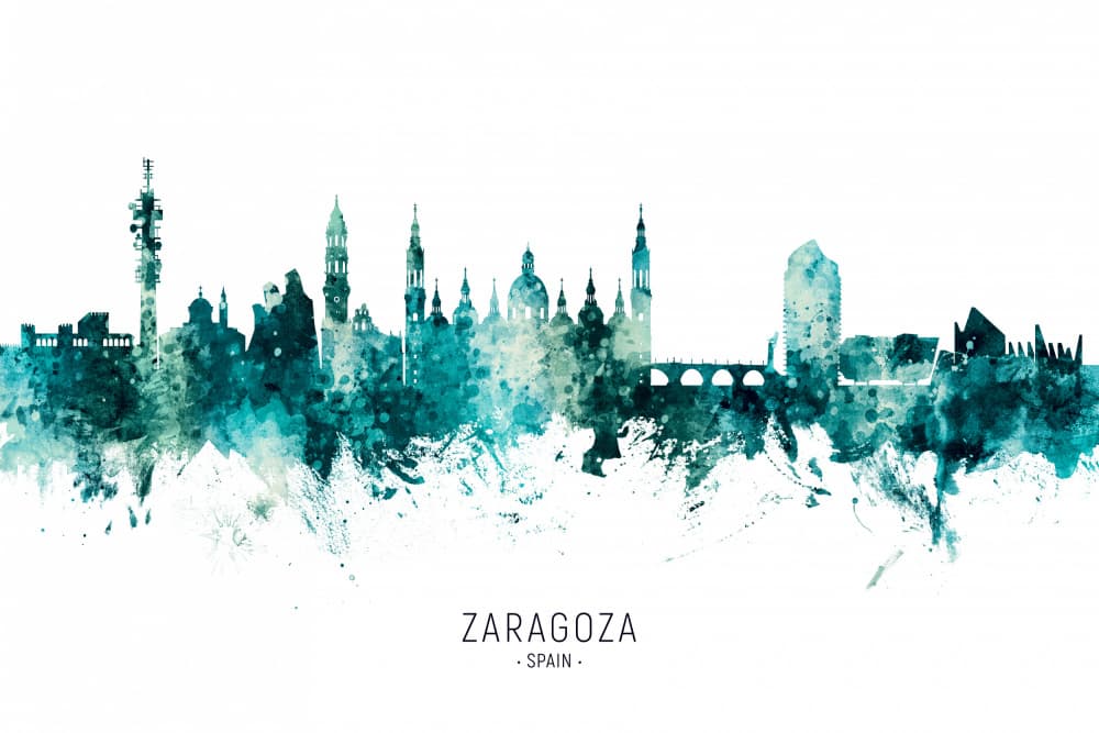 Zaragoza Teal Skyline by Michael Tompsett — canvas wall art