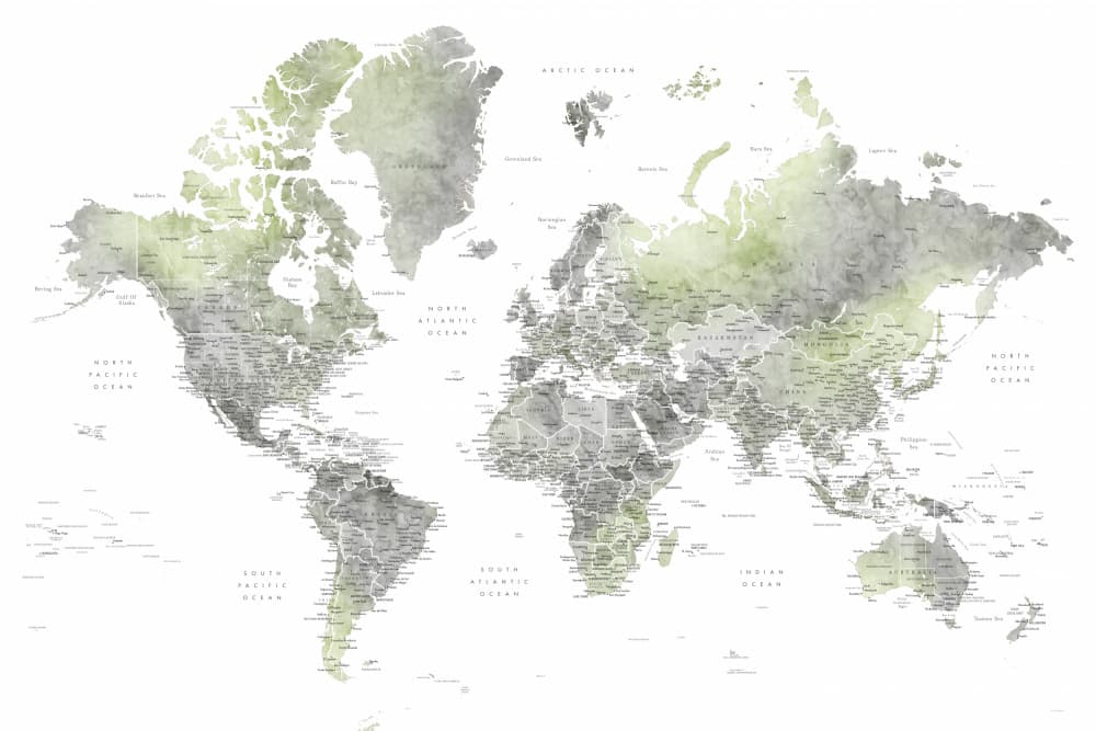 Green Grey World Map by Rosana Laiz Blursbyai — canvas wall art