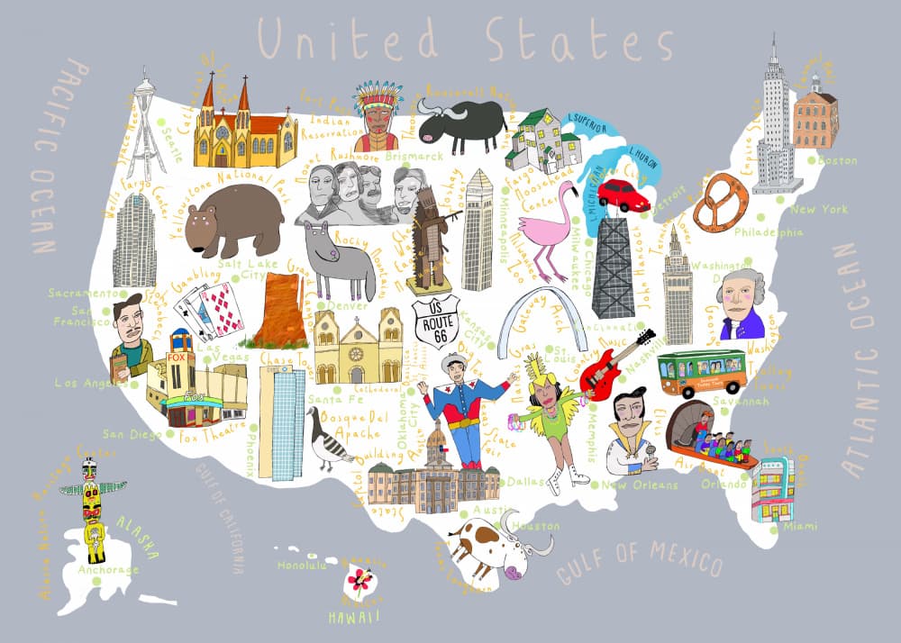 Whimsical United States Map by Carla Daly — canvas wall art