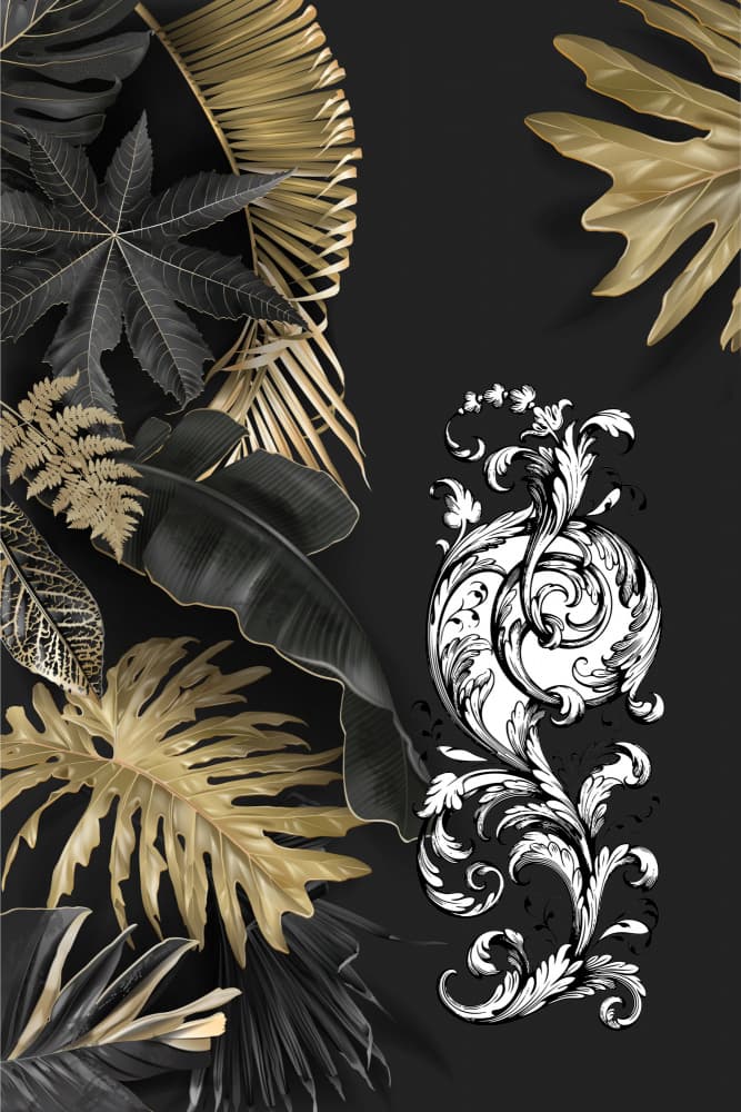 Black Gold Tropical Scroll by Rafal Kulik — canvas wall art