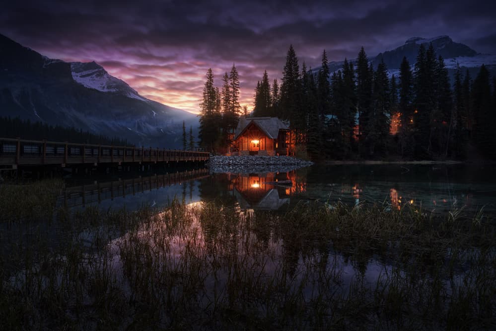 Glowing Lakeside Cabin by Juan Pablo de Miguel — canvas wall art