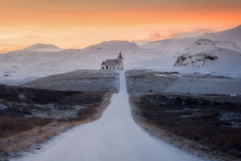 Snowy Church Sunset by Nicholas — canvas wall art