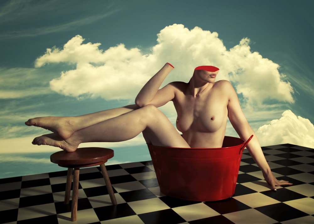 Surreal Woman Red Bucket by Mel Brackstone — canvas wall art