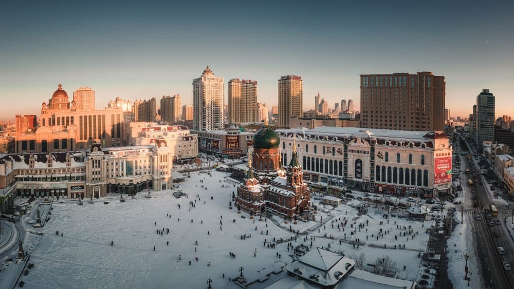 Golden Winter City Square by Ashen — canvas wall art