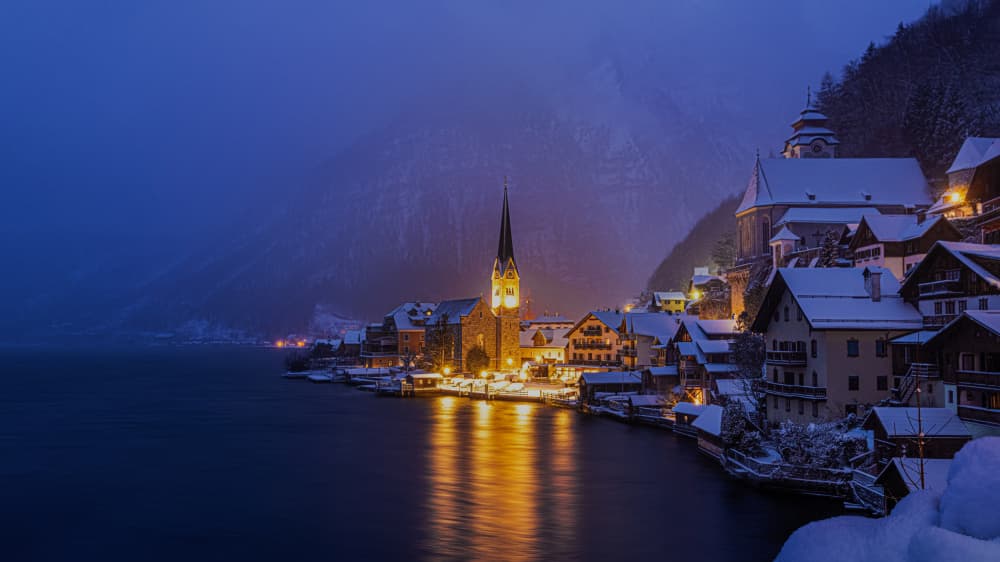 Winter Lake Village Glow by Wenjin Yu — canvas wall art