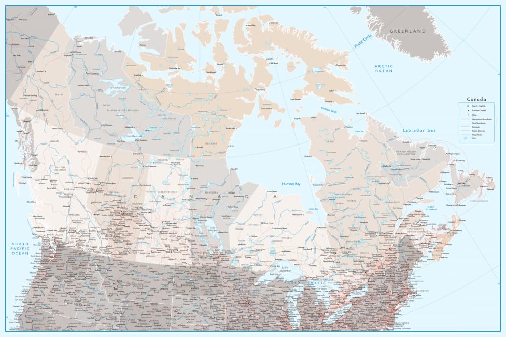 Detailed Canada Map by Rosana Laiz Blursbyai — canvas wall art