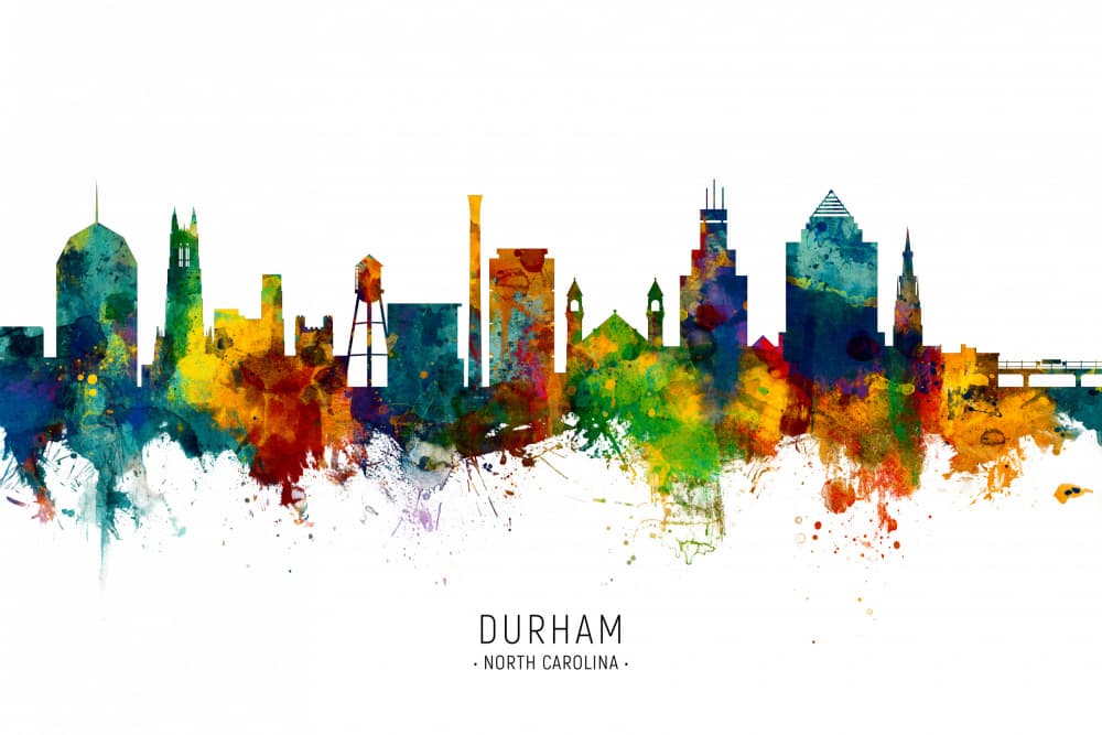 Vibrant Durham Watercolor Skyline by Michael Tompsett — canvas wall art