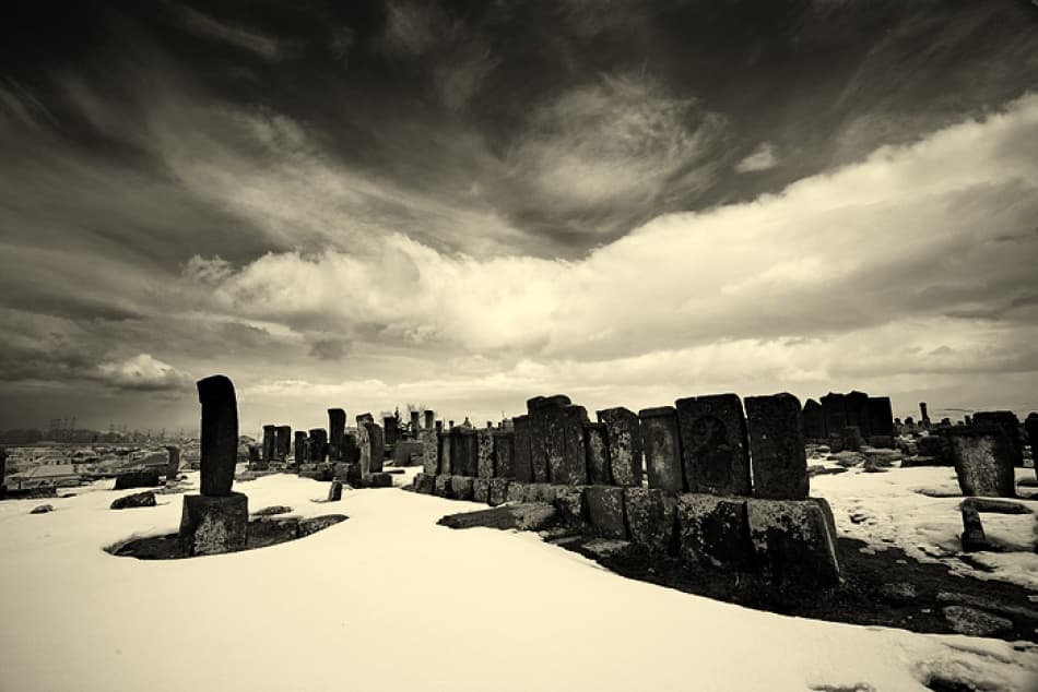 Ancient Snowy Cemetery by Suren Manvelyan — canvas wall art
