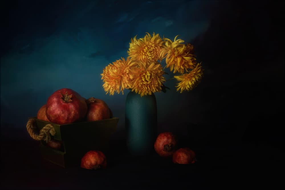 Pomegranates and Golden Mums by John-Mei Zhong — canvas wall art