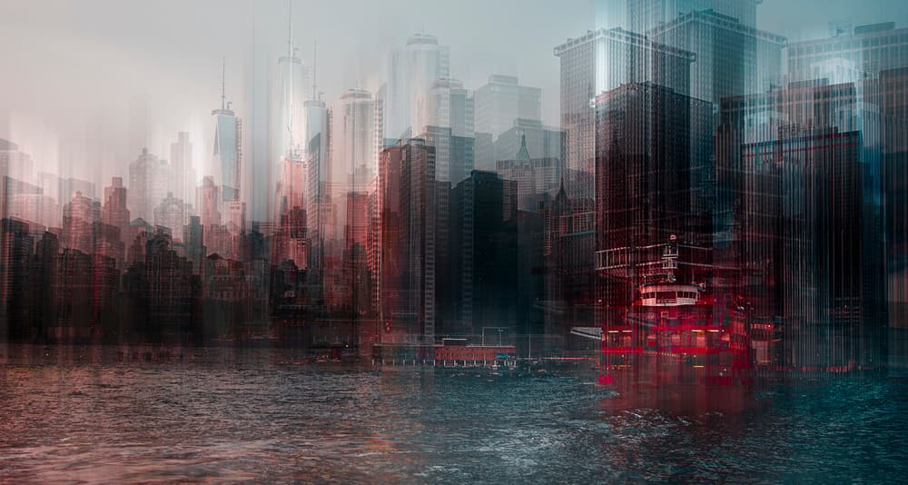 Abstract Cityscape Red Boat by Carmine Chiriacò — canvas wall art