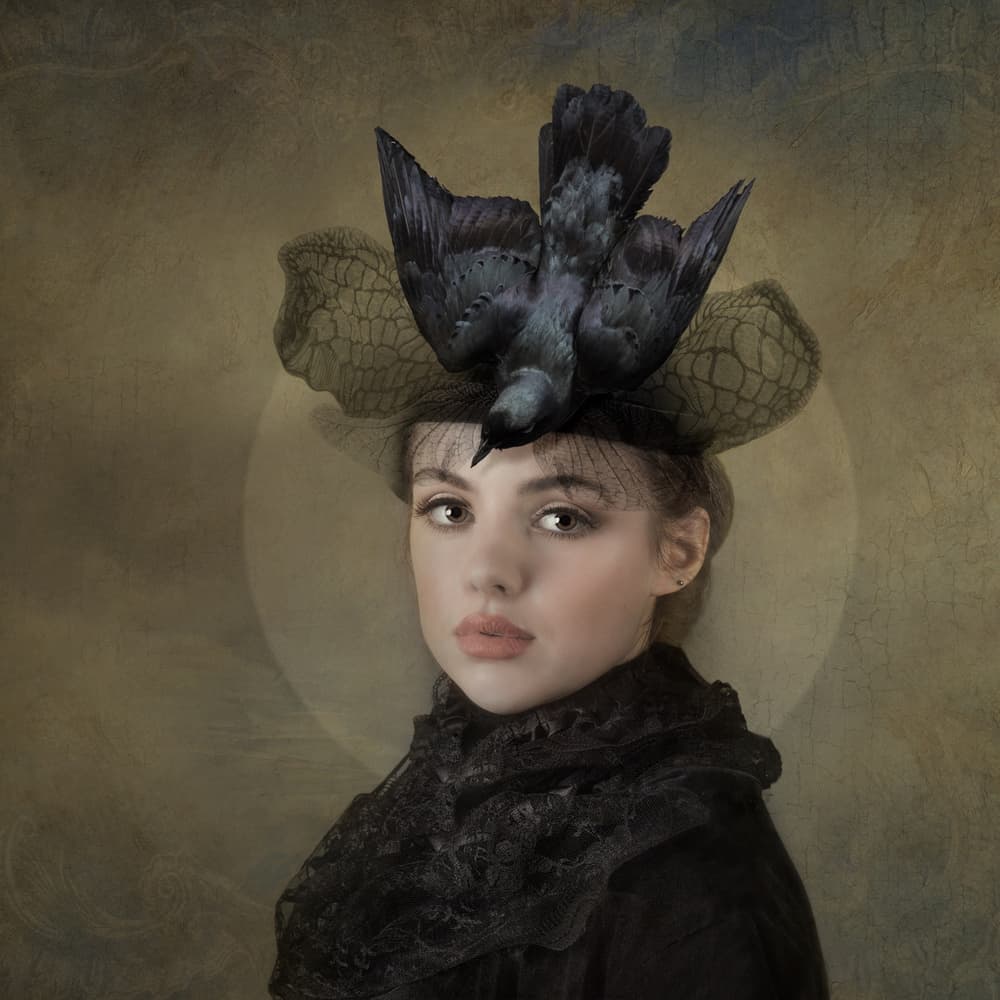 Gothic Bird Hat Portrait by Joan Blease — canvas wall art