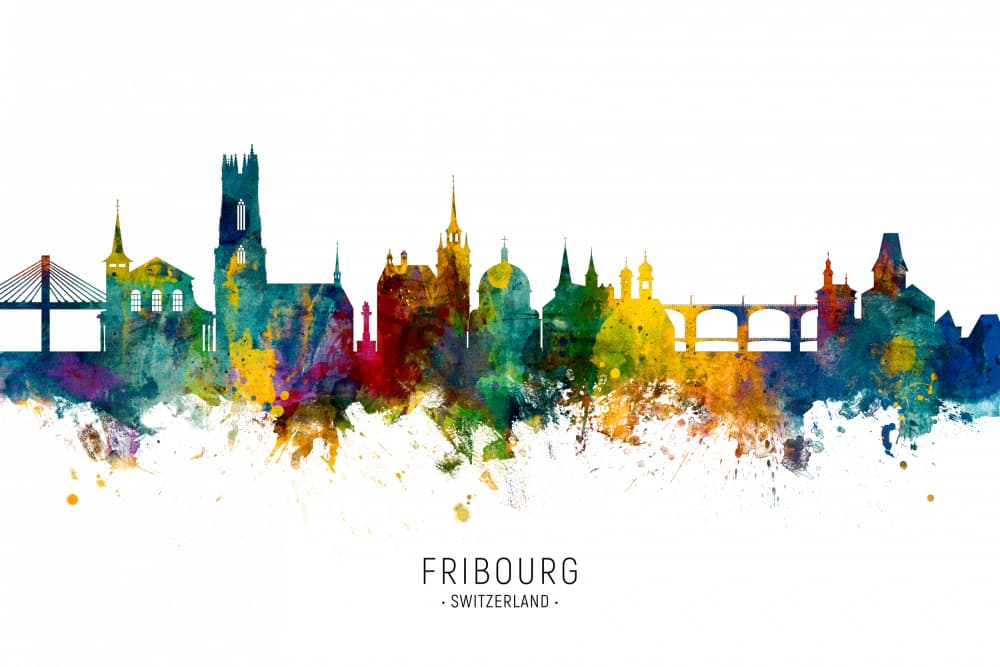 Fribourg Watercolor Skyline by Michael Tompsett — canvas wall art