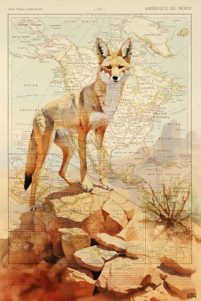 Coyote North America Map by thomas chedeville — canvas wall art