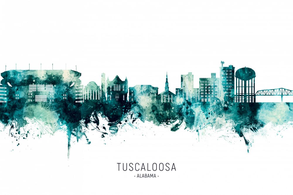 Watercolor Tuscaloosa Skyline by Michael Tompsett — canvas wall art