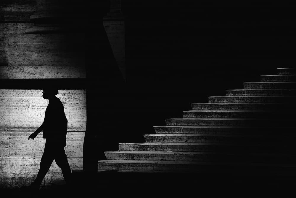 Lone Figure Dark Stairs by Antonio Grambone — canvas wall art