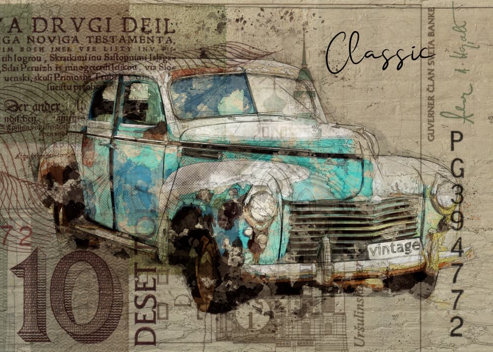 Rusty Teal Classic Car by Lembayung senja studio [Vintage Poster] — canvas wall art