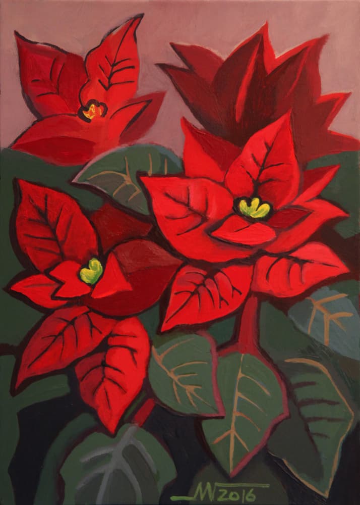 Festive Red Poinsettias by Marina Gorkaeva — canvas wall art